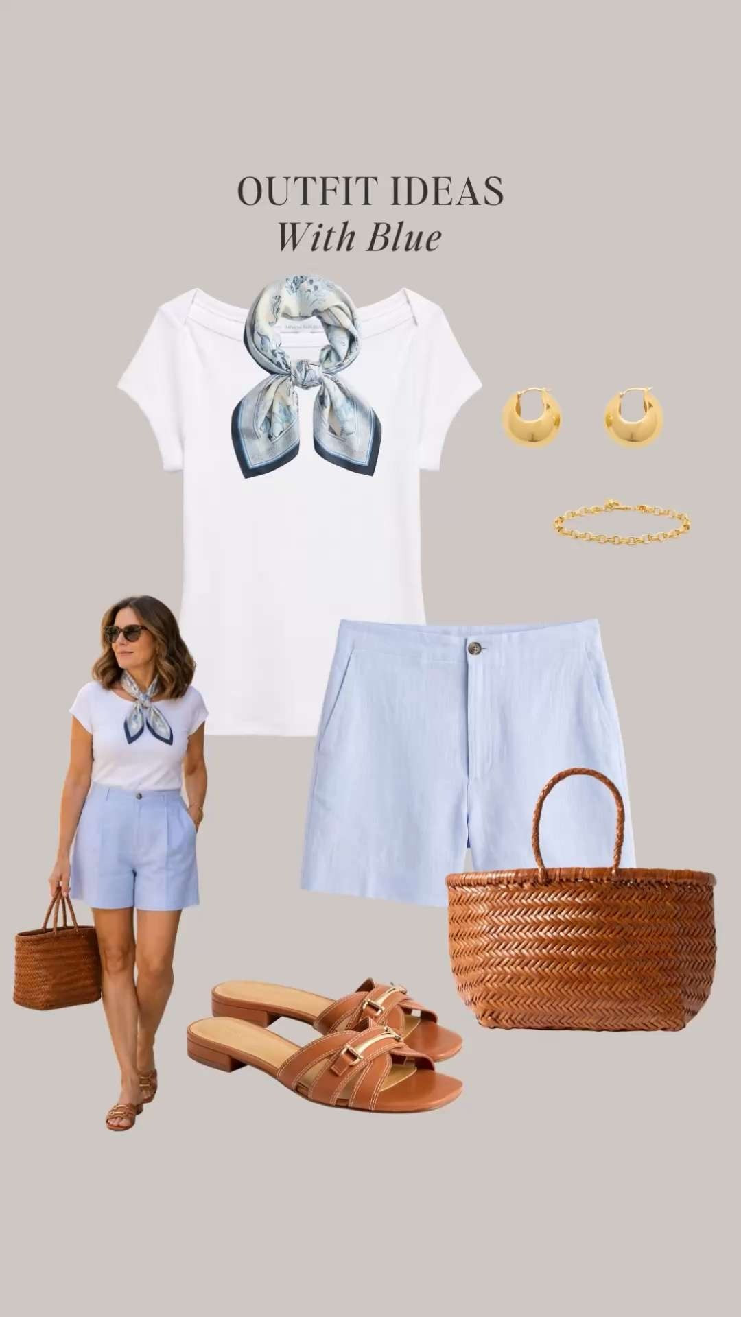8 outfit ideas with light blue For summer ✔️ All-non light blue color clothes, shoes and accessories are in the Minimal Chic Summer 2026 capsule wardrobe.  

button vest, tailored shorts, slide sandals, sleeveless top, white midi skirt, slingback flats, blue button-down shirt, bermuda shorts, thong sandals, striped vest, linen shirt, tailored pants, white tee, black skirt, straw raffia sandals, tank dress, linen blazer, polo top

#quietluxury #styleguide #effortlesschic #lightblue #summeroutfits 

 