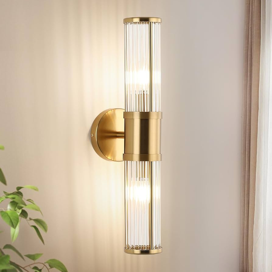Modern Brushed Brass Vanity Light Fixture - Dual Glass Rods Wall Sconce for Bathroom, Double Ligh... | Amazon (US)