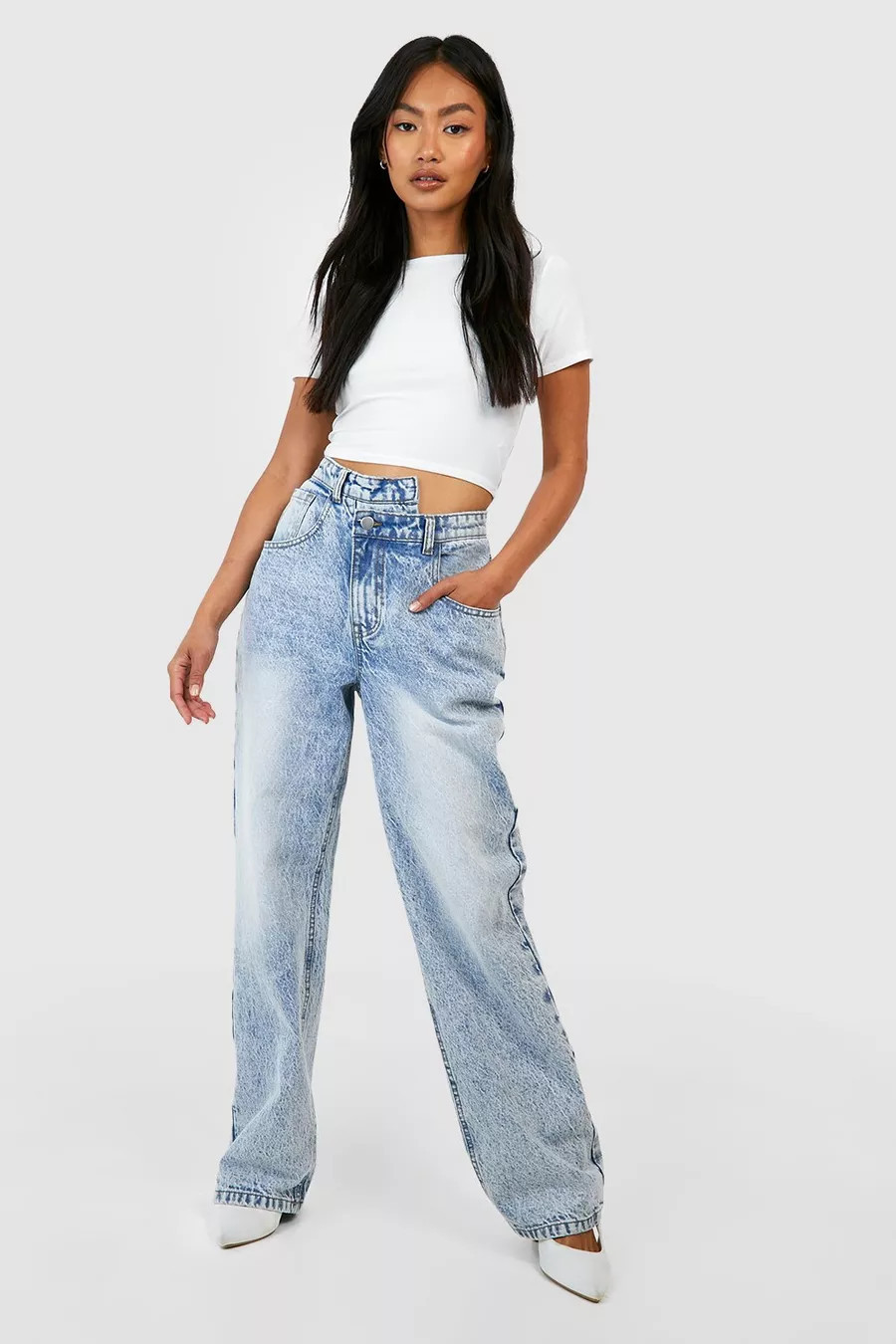 Asymmetric Waistband Acid Wash Straight Leg Jeans | Boohoo.com (UK & IE)