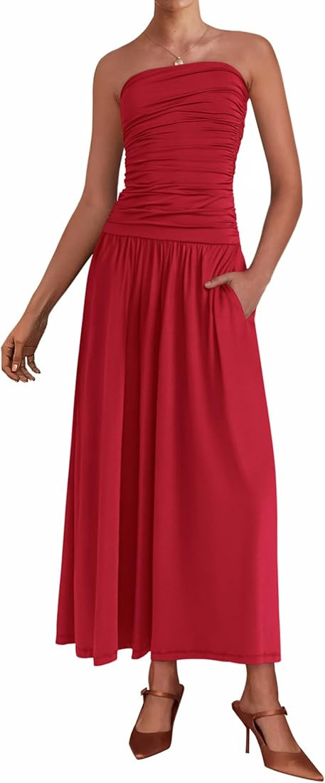 BTFBM Women Strapless Tube Top Dress Summer 2025 Sleeveless Ruched Flowy Cocktail Wedding Guest M... | Amazon (US)