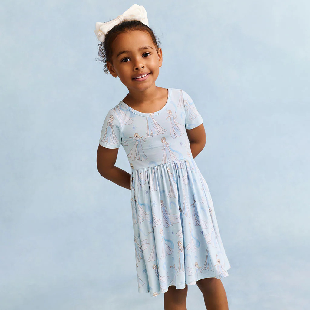 Blue Short Sleeve Disney Let It Go Criss-Cross Twirl Dress | Posh Peanut\u00ae | Posh Peanut
