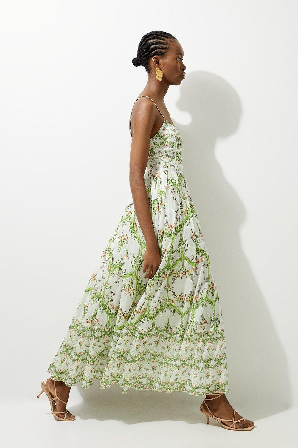 Silk Cotton Mirrored Floral Strappy Woven Maxi Dress | Karen Millen UK + IE + DE + NL