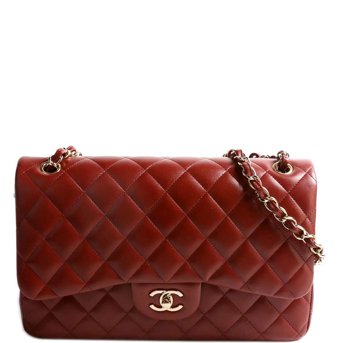 Classic Flap Jumbo Lambskin 21-24m Burgundy/Gold | Keeks Designer Handbags