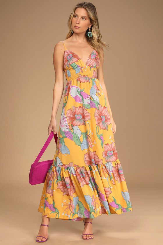 Truly Tropical Mustard Multi Floral Print Sleeveless Maxi Dress | Lulus (US)