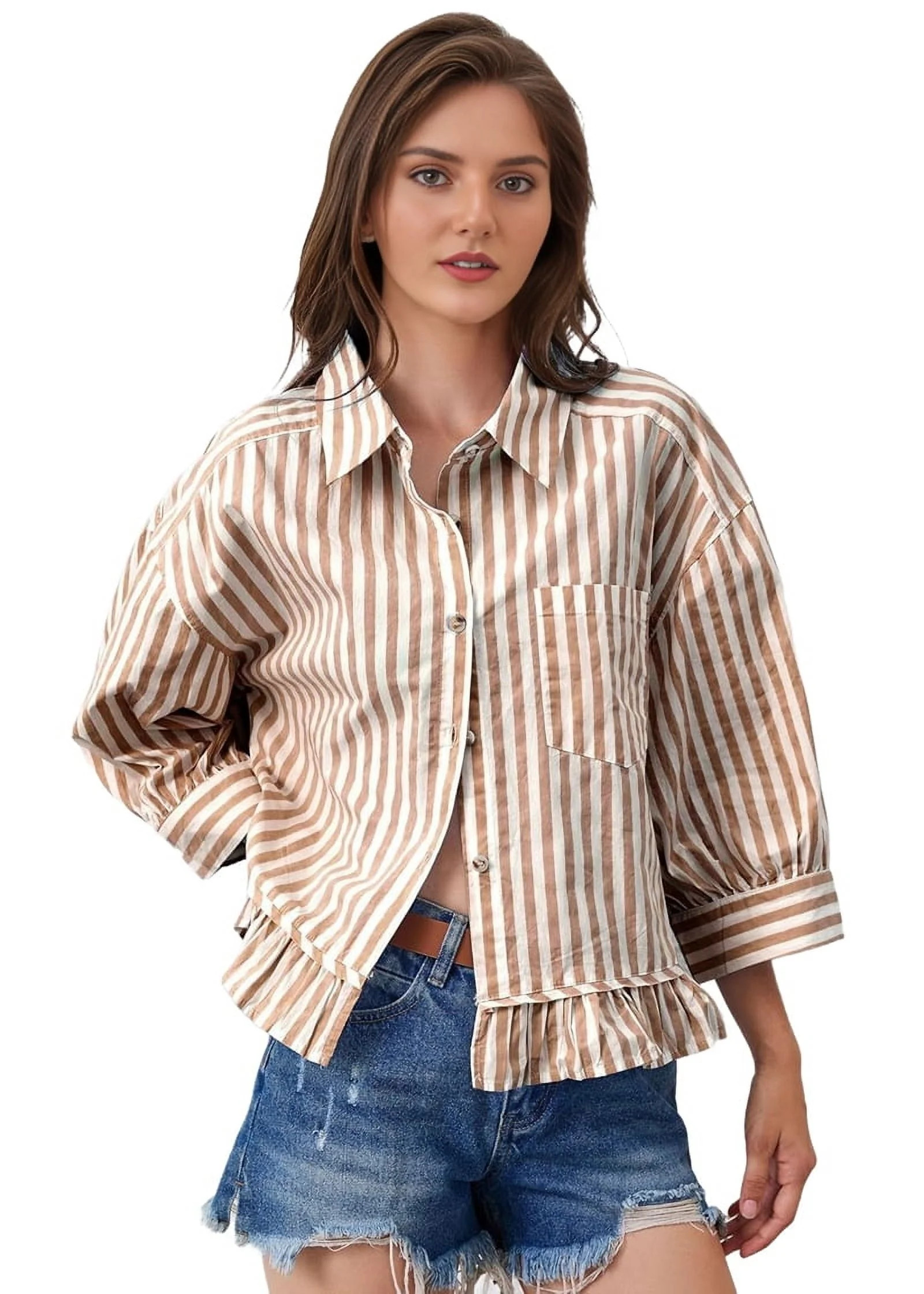 Women 3/4 Length Sleeve Striped Button Down Shirt Loose Fit Drop Shoulder Trendy Ruffle Hem Strip... | Walmart (US)