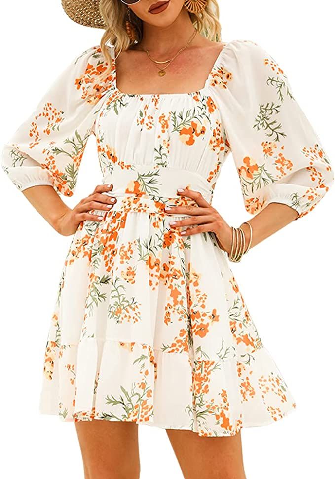 EXLURA Women's Lantern Sleeve Tie Back Summer Dress Ruffled Off Shoulder A-Line Vintage Mini Dres... | Amazon (US)