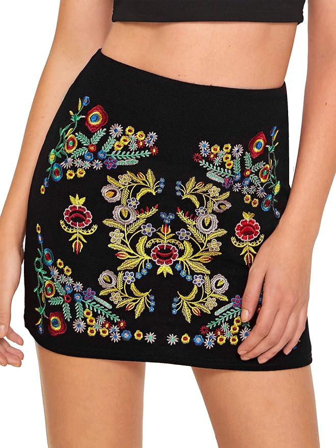 SheIn Women's Casual Floral Embroidered Bodycon Short Mini Skirt | Amazon (US)