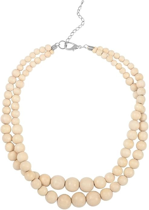 Shop LC Wood Mix Stainless Steel Double Row Beaded Necklace for Women Jewelry Size 18" Birthday G... | Amazon (US)