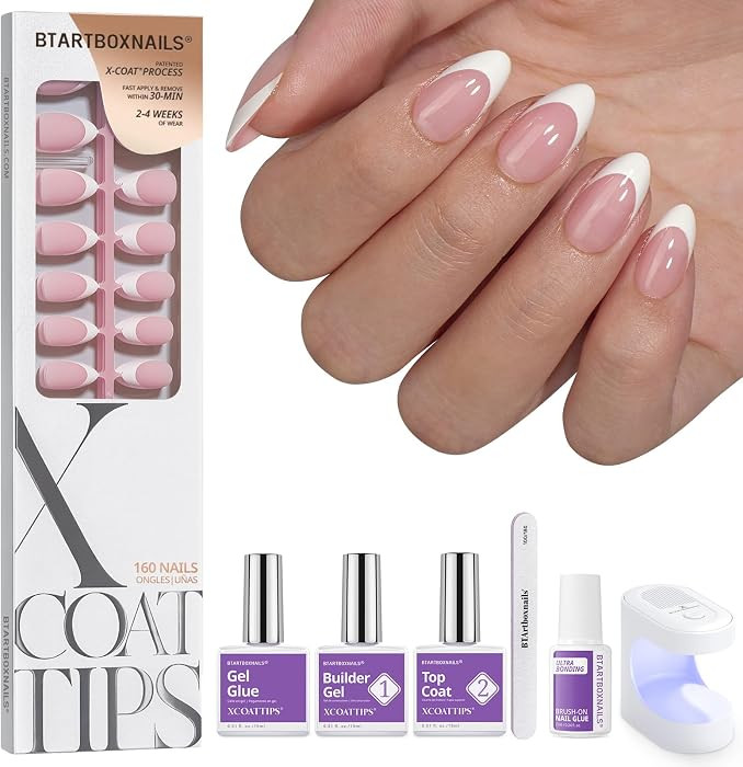 BTArtboxnails XCOATTIPS White French Tip Press On Nails, S Almond, Pink | Amazon (US)
