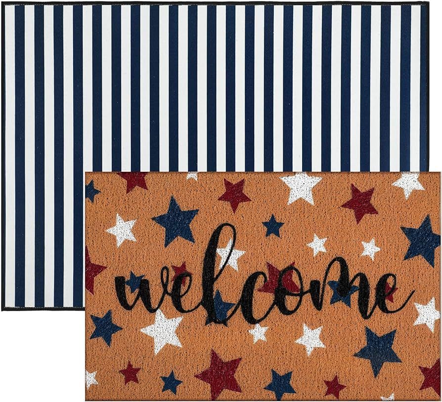 2 Pcs Patriotic Doormat 4th of July Non Slip Outdoor Mat Striped Floor Mats Independence Day Welc... | Amazon (US)