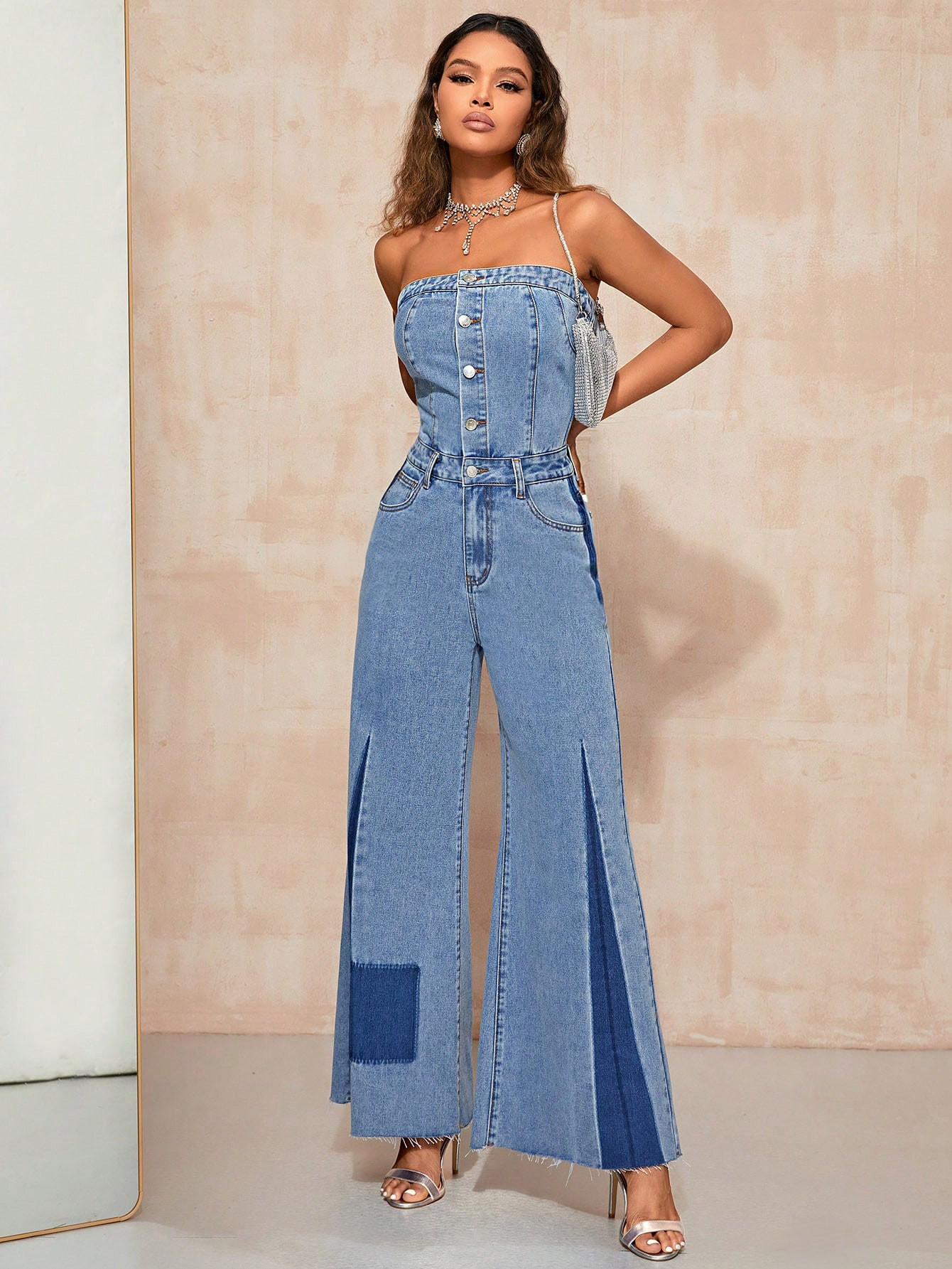 SHEIN BAE Button Front Wide Leg Denim Tube Jumpsuit | SHEIN
