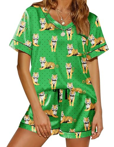 Ekouaer Silk Pajamas for Women Satin Pajama Set 2 Piece Short Sleeve Pjs Sets Soft Summer Sleepwear with Pockets Tiger Polka Dots Medium | Amazon (US)