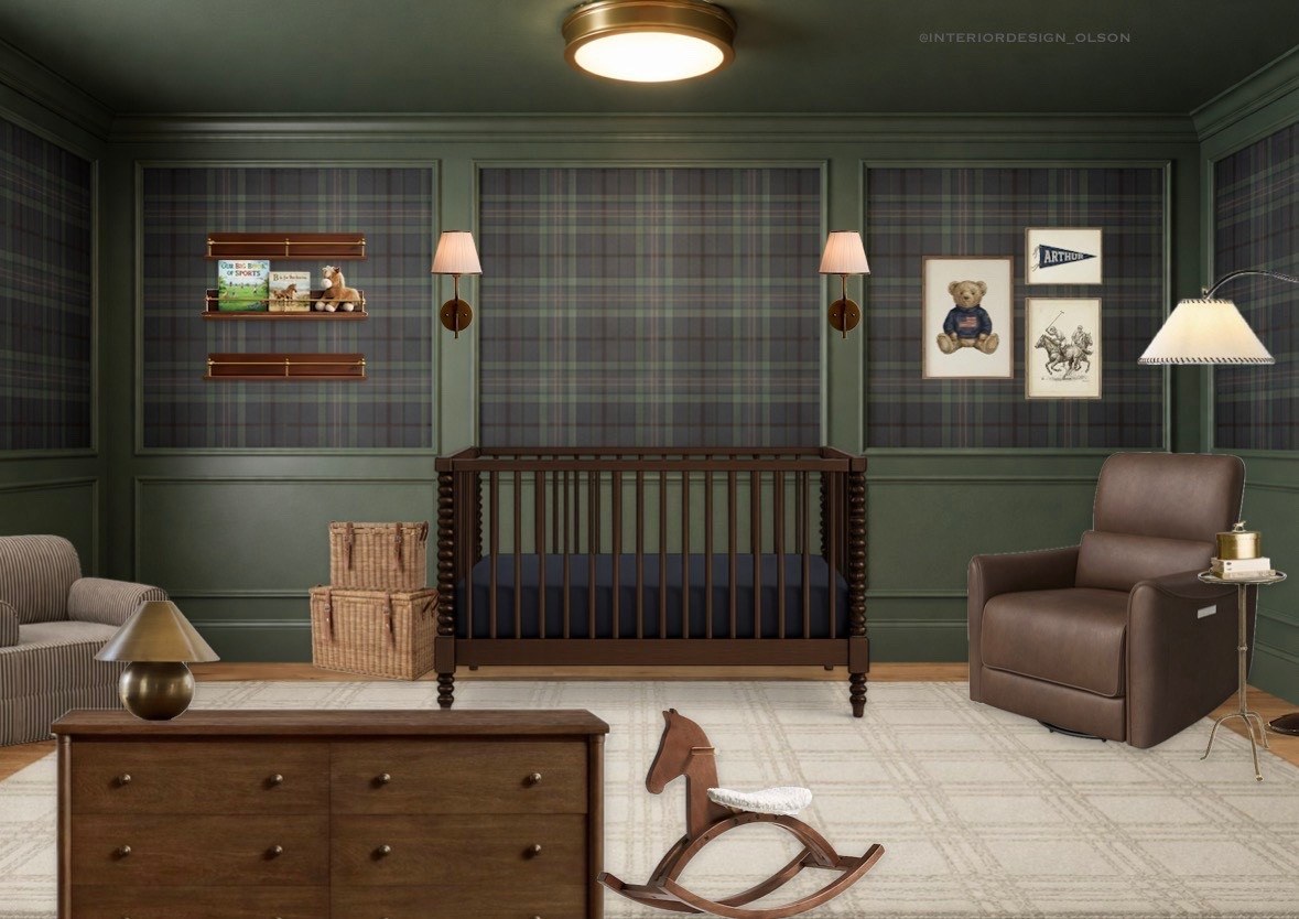 Ralph Lauren–Inspired Baby Boy Nursery 🤍
Classic, cozy, and timeless this baby boy nursery blends Ralph Lauren–inspired style with warm neutrals, rich greens, and traditional details. From plaid wallpaper and tailored stripes to a cozy reading chair and layered textures, this space feels elevated yet perfectly kid-friendly. A neutral rug grounds the room while vintage-inspired art and wood accents add charm that will grow with him.

If you love classic nursery design, traditional baby boy nursery ideas, or preppy Ralph Lauren–style decor, this one is full of timeless inspiration 🤍

Save this for nursery ideas
Everything is linked

#BabyBoyNursery #RalphLaurenNursery #ClassicNursery #TraditionalNursery #PreppyNursery #TimelessNursery #NurseryDesign #LTKHome #NurseryInspo #BabyRoomDecor