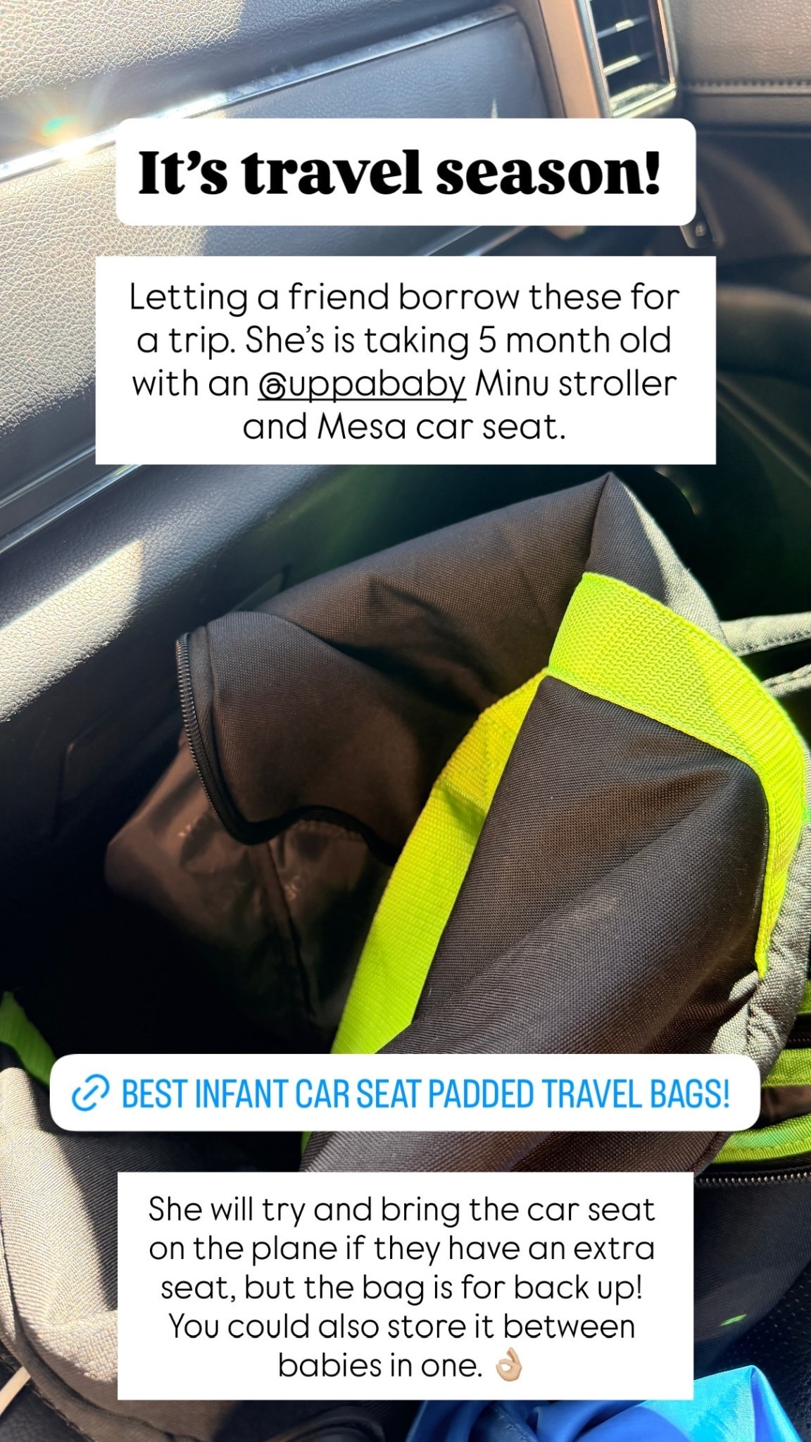 It’s travel season!  Letting a friend borrow these for a trip. She’s is taking 5 month old with an @uppababy Minu stroller and Mesa car seat.  She will try and bring the car seat on the plane if they have an extra seat, but the bag is for back up! You could also store it between babies in one. 👌🏼

#LTKTravel #LTKBaby #LTKmomlife