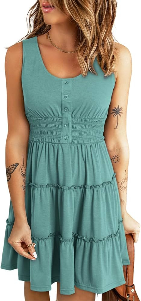 Dokotoo Womens Summer Dresses 2024 Sleeveless Button Down Smocked Elastic Waist Ruffle Tiered Cas... | Amazon (US)
