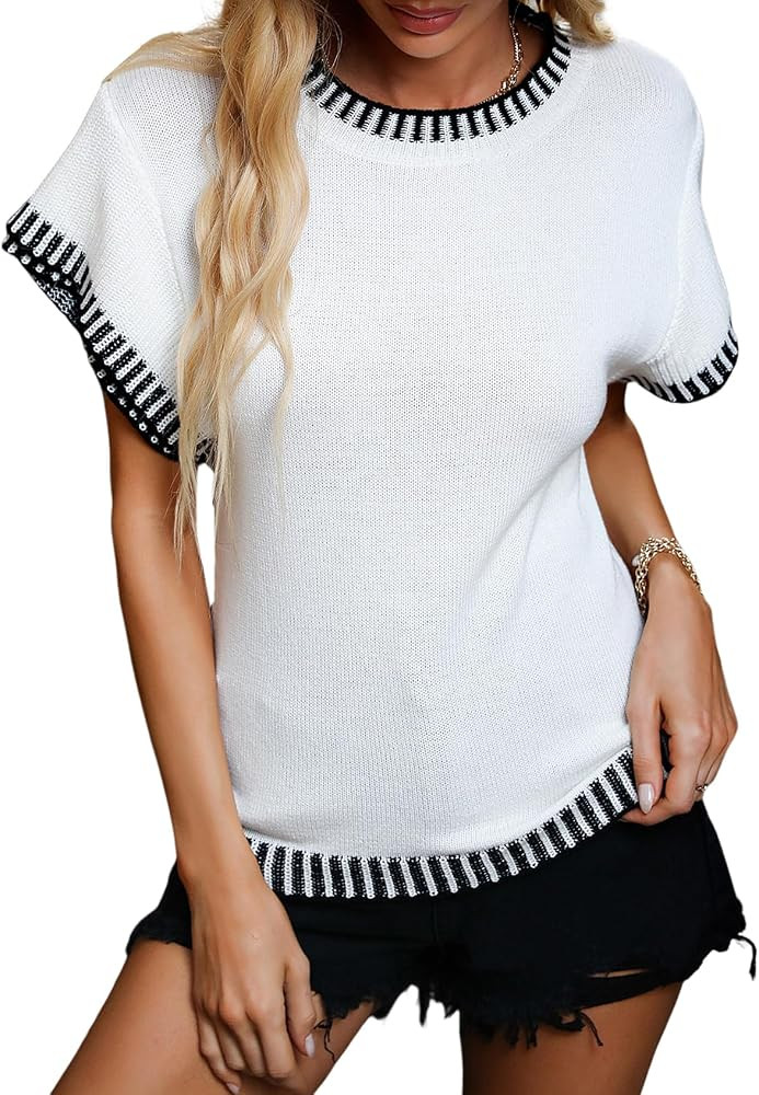 Yimoon Women’s Short Sleeve Sweaters Ruffle Striped Crewneck Pullover Tops Loose Fit Knit Shirt... | Amazon (US)