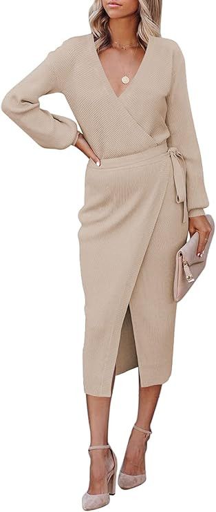 Cutiefox Women's Elegant V Neck Wrap Sweater Dress Long Sleeve Bodycon Knit Midi Dress with Belte... | Amazon (US)