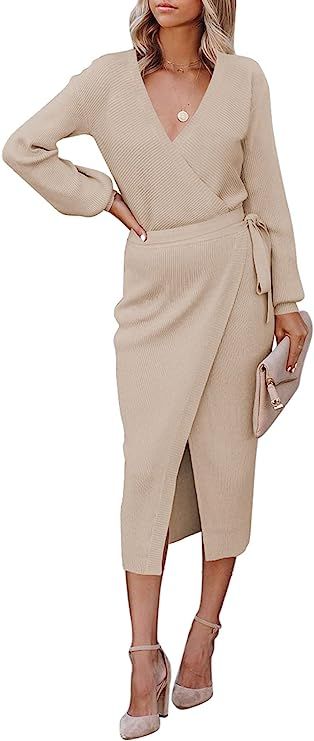 Cutiefox Women's Elegant V Neck Wrap Sweater Dress Long Sleeve Bodycon Knit Midi Dress with Belte... | Amazon (US)