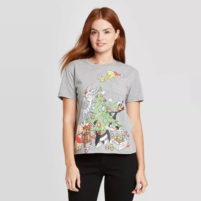 Women's Looney Tunes Christmas Tree Short Sleeve Graphic T-Shirt - Heather Gray | Target