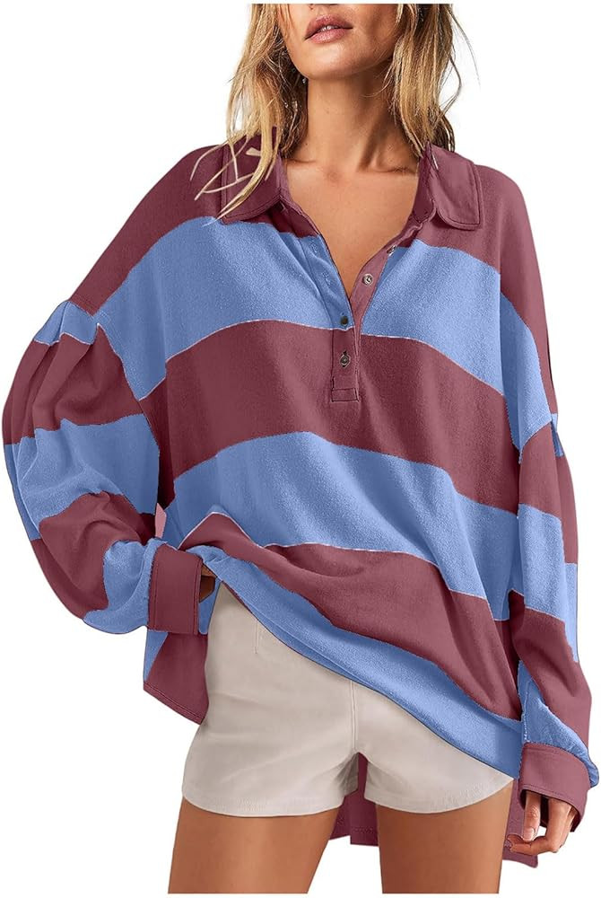 Womens Striped Color Block Long Sleeve Polo Shirts Oversized Collared Henley Tops Going Out Y2k S... | Amazon (CA)