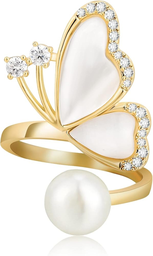 18k Gold Plated Cubic Zirconia Pearl Ring, Adjustable Ring, Butterfly Ring, Mom Gift | Amazon (US)