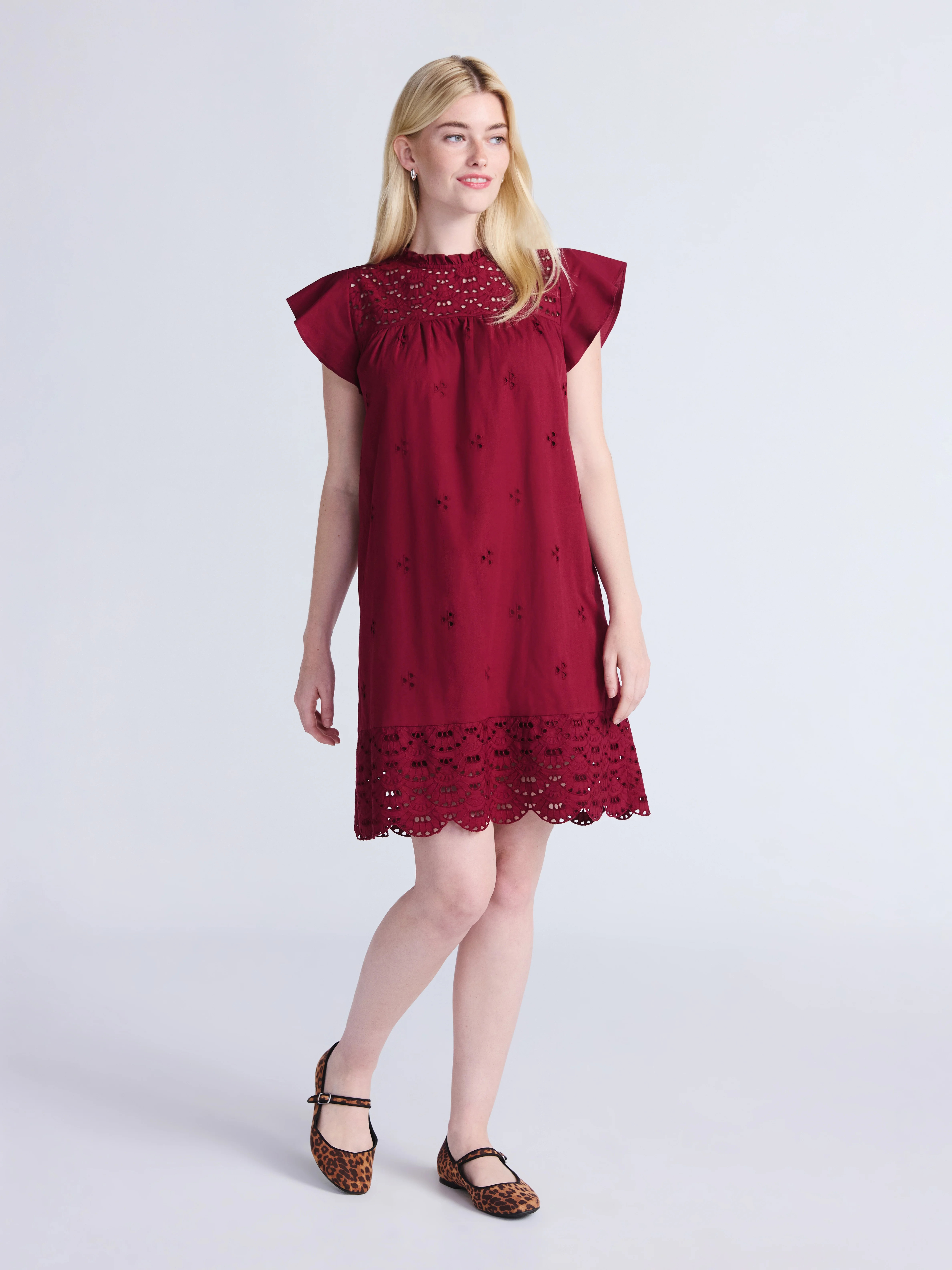 Time and Tru Women's Eyelet Mini Dress with Flutter Sleeves, Sizes XS-XXXL | Walmart (US)