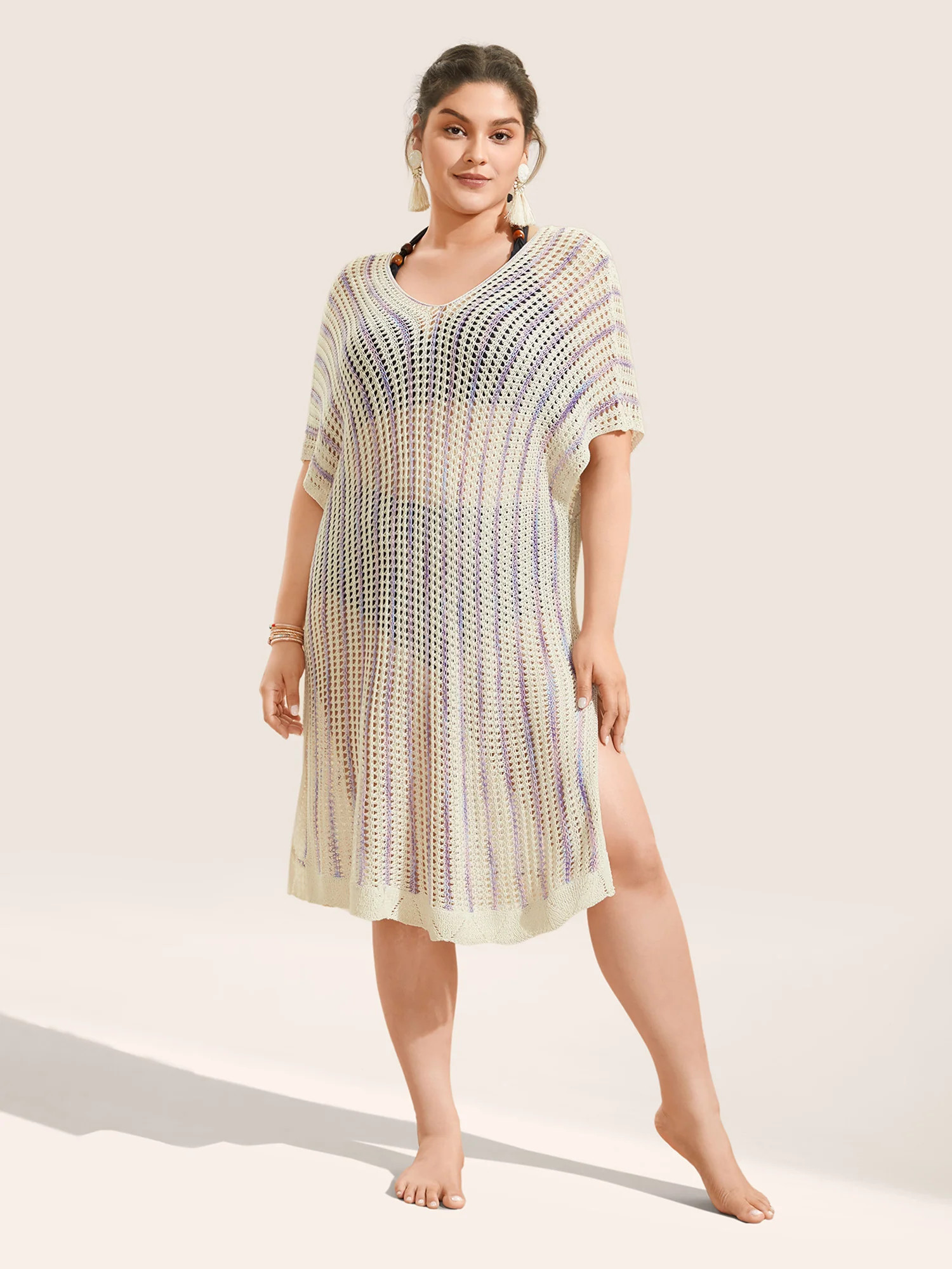 Contrast Heather Pointelle Knit Batwing Sleeve Cover Up | Bloomchic