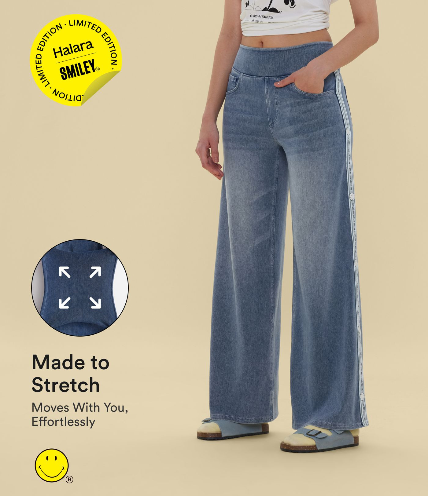 Halara X Smiley® Halara Flex™ High Waisted Baggy Wide Leg Washed Casual Jeans with Pockets | HALARA