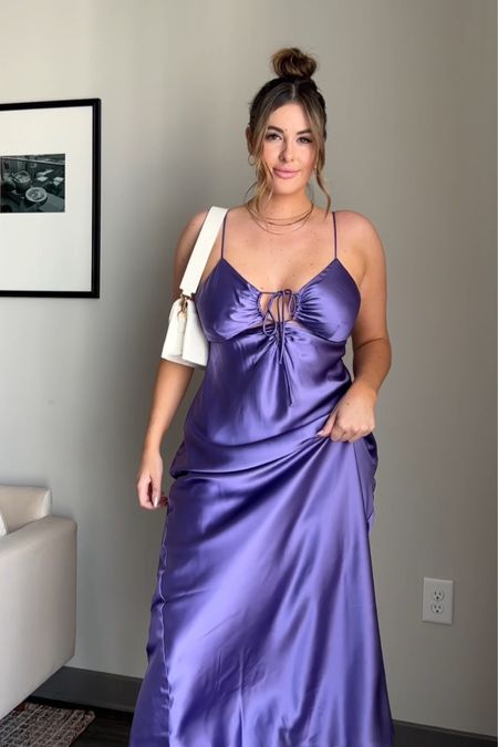 purple satin maxi dress for date night, girls night, or brunch! Wearing large :)

Bra tape from reel is on lovenood.com DISCOUNT: SHELBYVERT10 🤍

#LTKwedding #LTKunder100 #LTKcurves