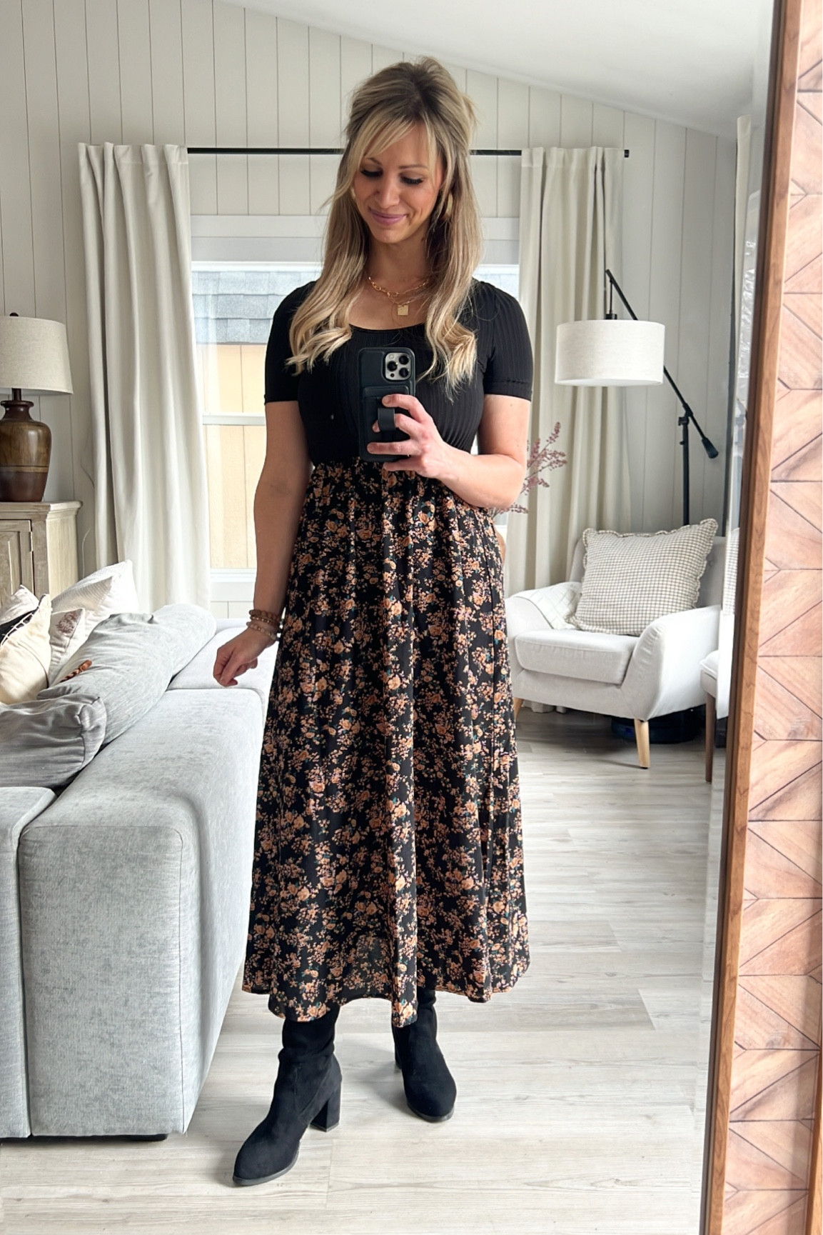 Shein dress. Fitted black ribbed top with flowing floral material. If in between sizes I’d suggest sizing up because the arms are a little snug but it’s made of a stretchy material so it’s not too bad.  Boots run TTS 


#LTKstyletip #LTKFind #LTKunder50