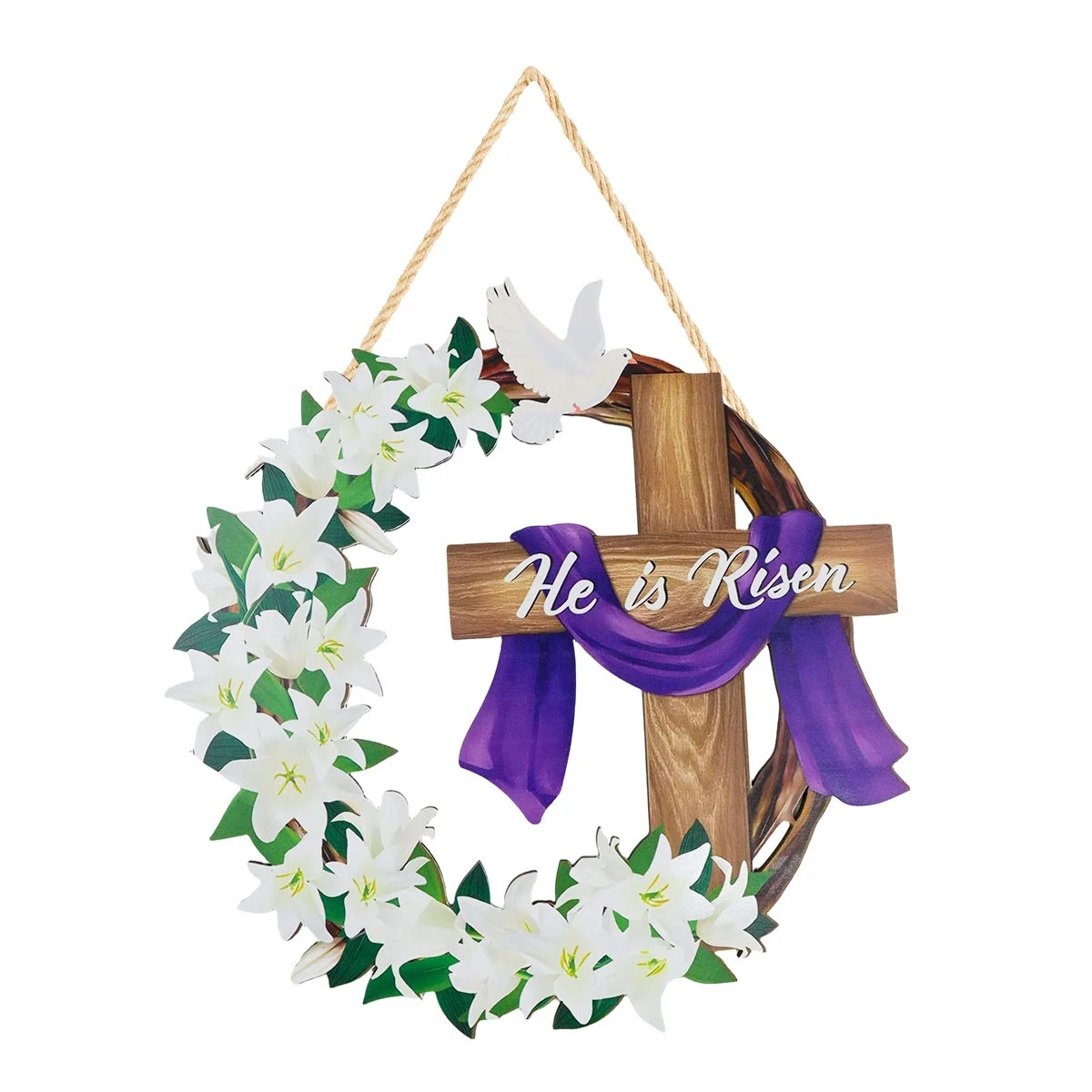 Easter Decoration He is Risen Wooden Wreath Easter Front Door Sign with Cross Lily Flowers, Chris... | Walmart (US)