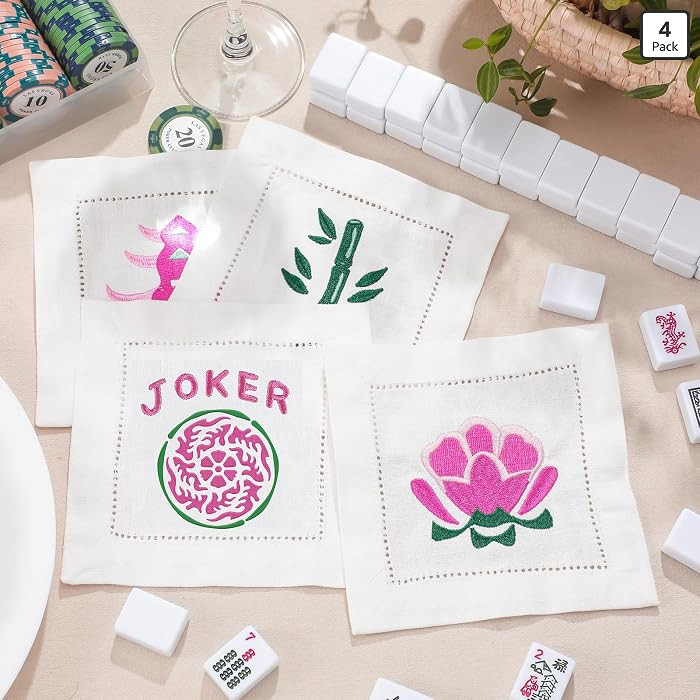 4 Packs Mahjong Theme Gifts Embroidered Mahjong Cocktail Napkins 6 x 6 Inches Soft Linen Cotton F... | Amazon (US)