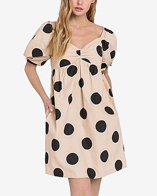 English Factory Puff Sleeve Polka Dot Mini Dress Neutral Women's XS | Express