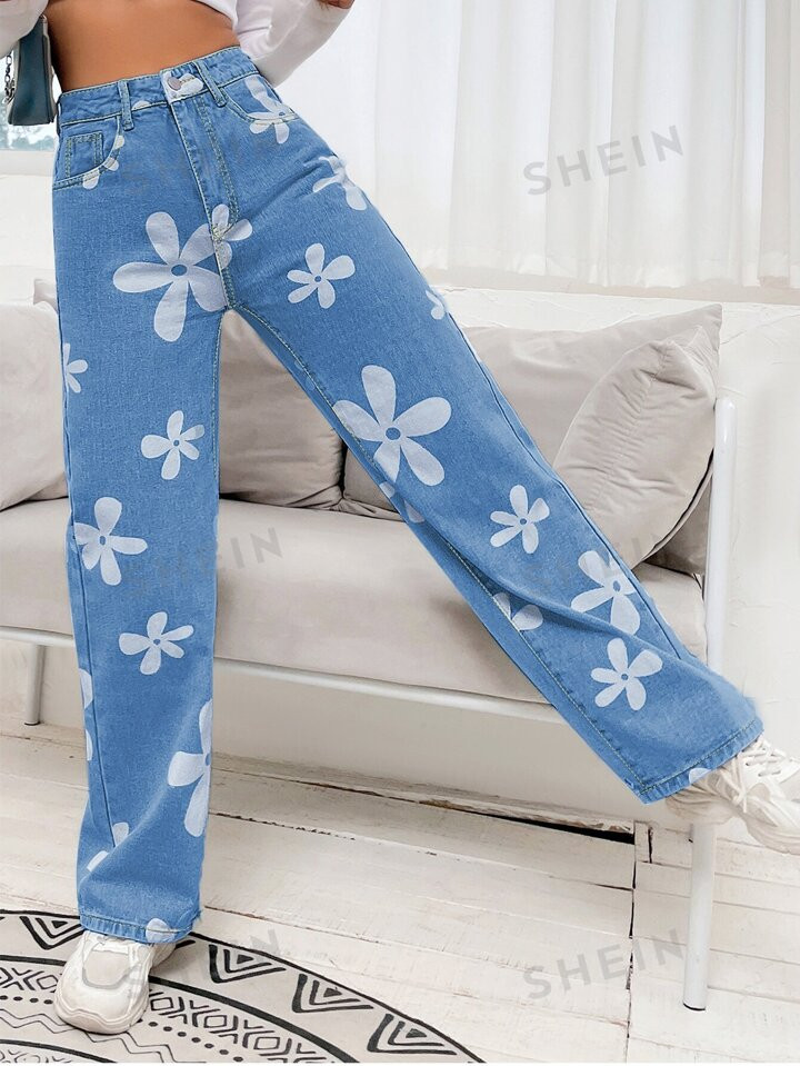 SHEIN EZwear Floral Print High Waist Straight Leg Jeans | SHEIN