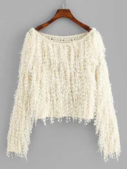 SHEIN Loose Knit Fuzzy Fringe Sweater | SHEIN