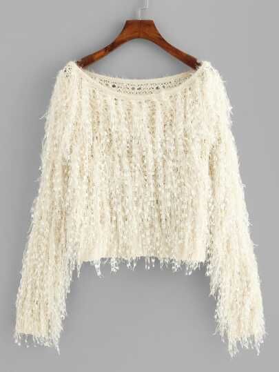 SHEIN Loose Knit Fuzzy Fringe Sweater | SHEIN