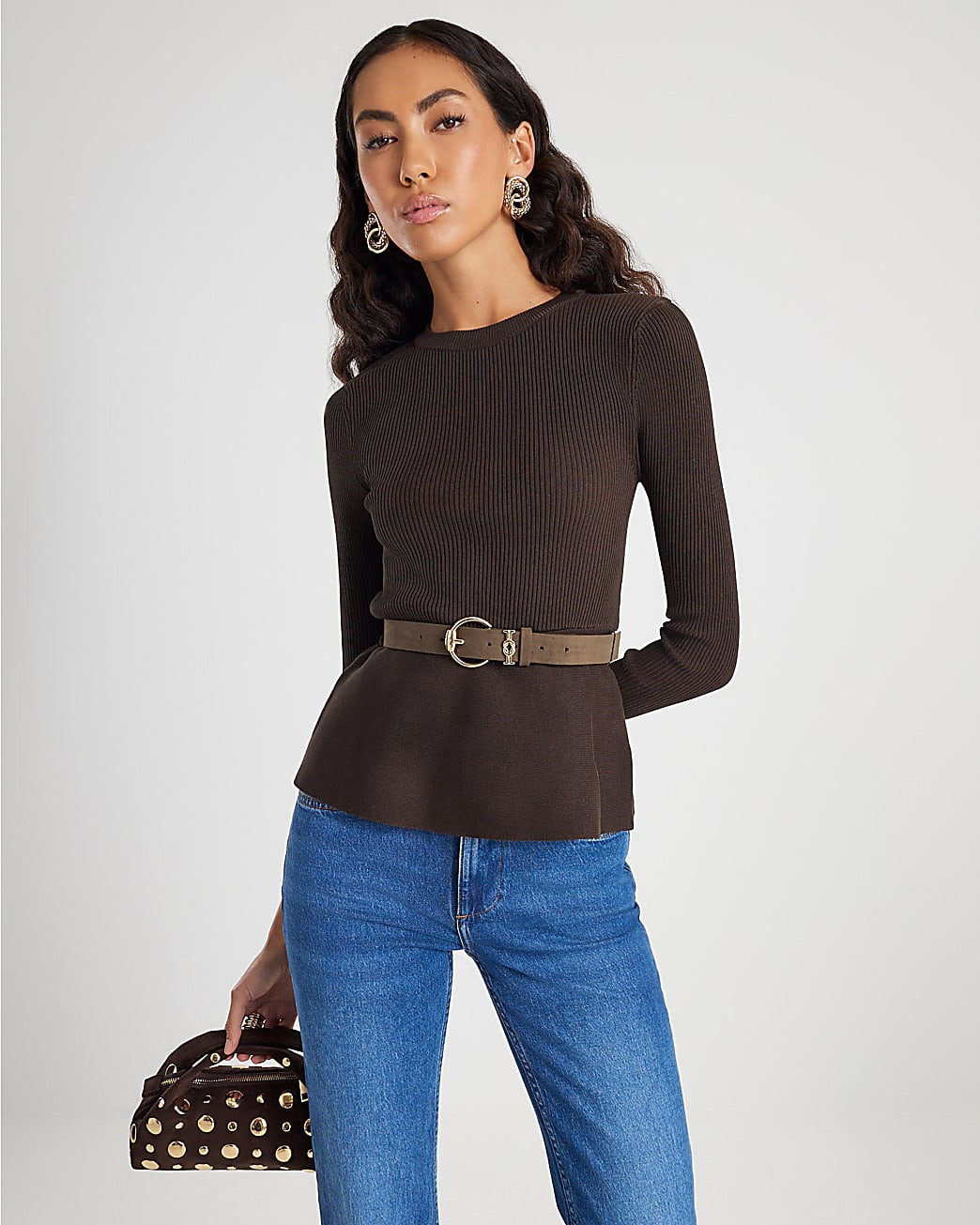 Brown Knitted Belted Peplum Top | River Island UK & IE