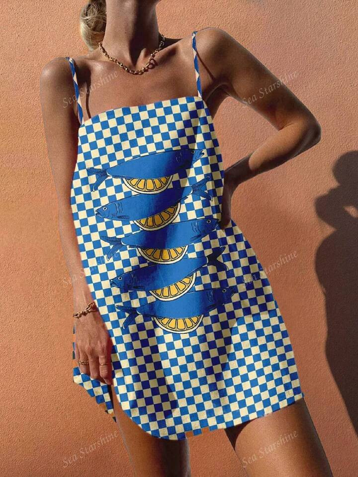 Bohemian Resort Wear Spring And Summer Seaside Women's Leisure Vacation Full Set Sling Plaid/Sardine Print A-Line Skirt Dress Brunch Outfits For Women | SHEIN