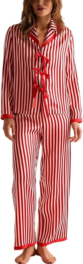 Women Christmas 2 Piece Pajamas Set Y2k Bow Tie Long Sleeve Shirt Wide Leg Pants Cute Print Match... | Amazon (US)