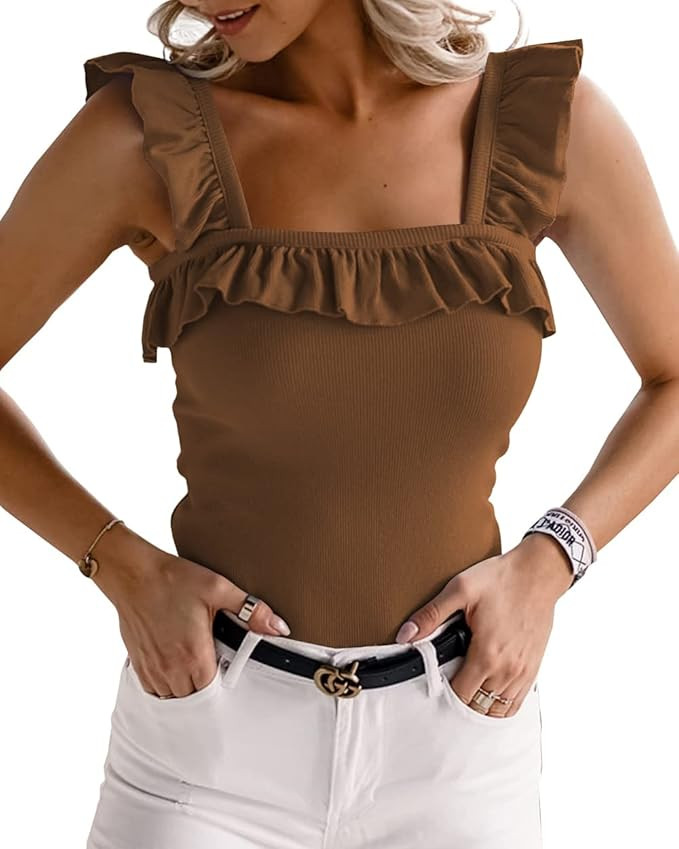 WAYMAKER Women's Cute Square Neck Sleeveless Ribbed Ruffle Strap Tank Top Bodysuits | Amazon (US)