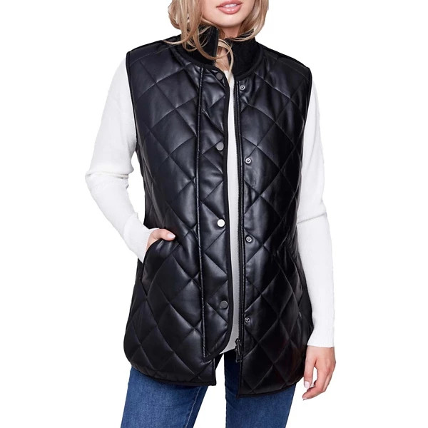 Women's Charlie B Long Quilted Faux Leather Vest Small Black | Scheels
