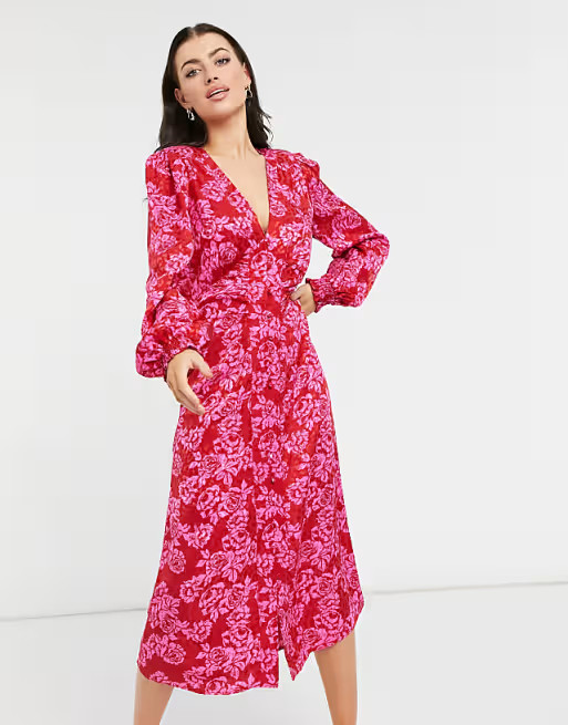 River Island shoulder pad floral midi dress in pink | ASOS | ASOS (Global)