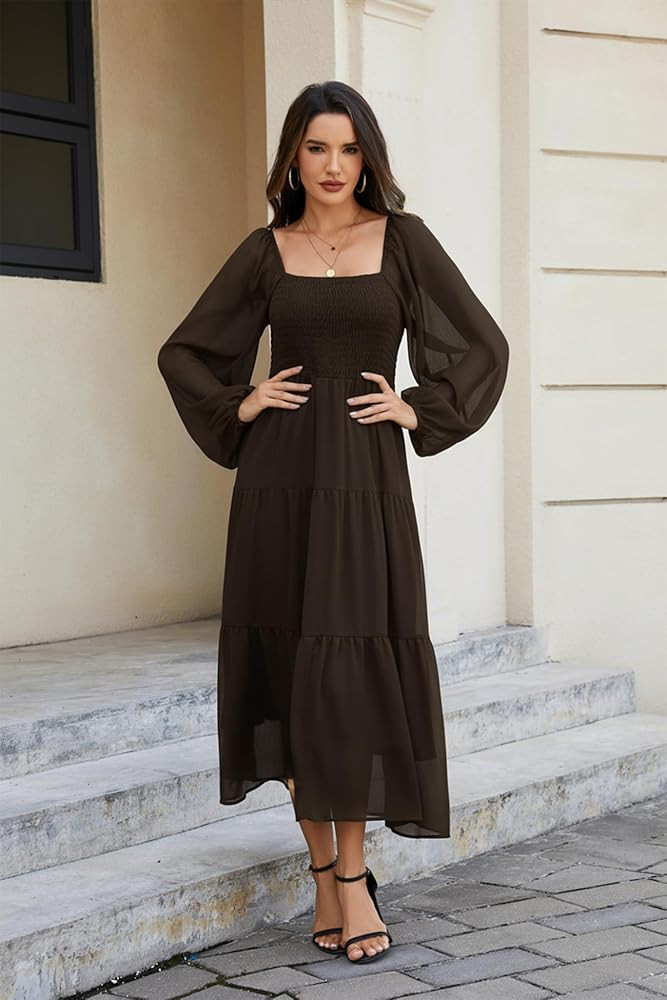 Olaesa Boho Maxi Dress Long Sheer Sleeve Smocked Square Neck Tiered Dress | Amazon (US)