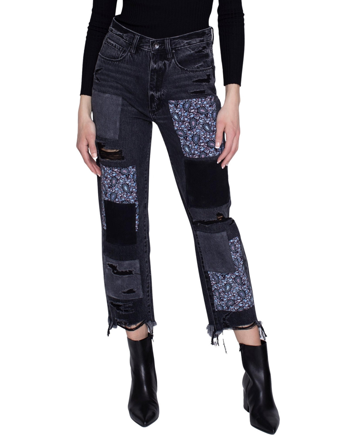 Blue Revival Women's Black Stone Paisley Patchwork High-Rise Straight Leg Jeans, 100% Cotton - Black stone | Macy's