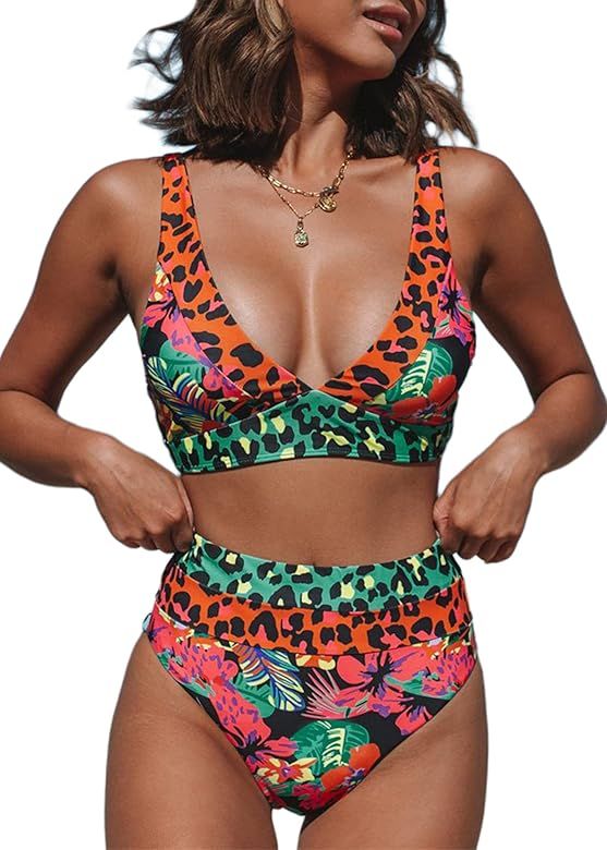 Hilinker Women's Leopard Bikini Swimsuits V Neck High Waisted 2 Piece Bathing Suits | Amazon (US)