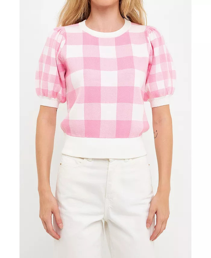 Women's Gingham Puff Sleeve Knit Top | Macys (US)