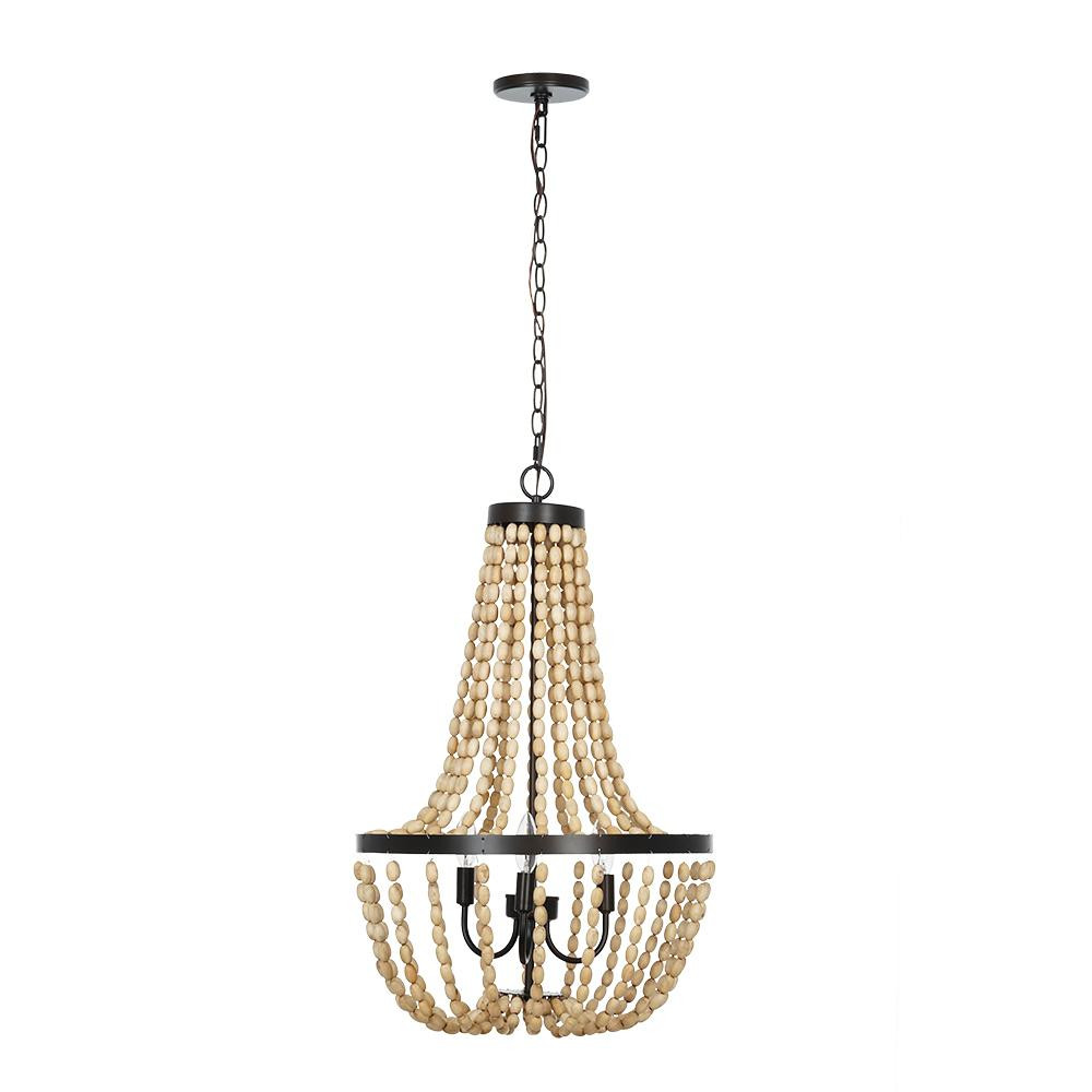 Alsy 3-Light Bronze with Natural Wood Beaded Chandelier | The Home Depot