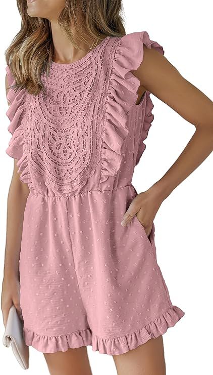Angashion Womens Rompers 2024 Dressy Summer Casual Embroidery Lace Print One Piece Outfit Ruffle ... | Amazon (US)