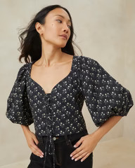Mindy Black Floral Lace-Up Blouse | Loeffler Randall