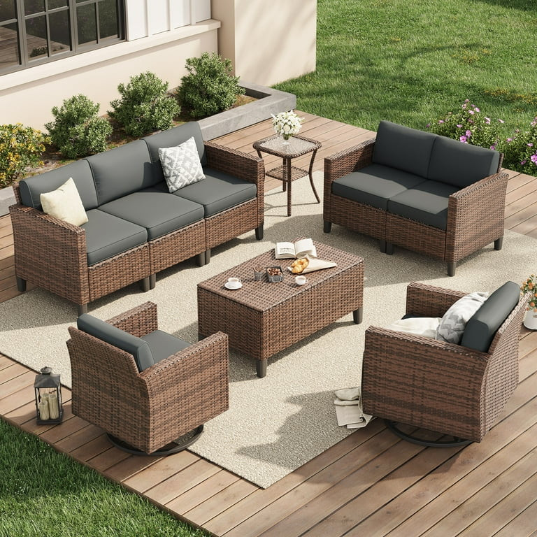 Poteban Outdoor Patio Furniture Set, Rocking Swivel Chair, 9 Pieces Wicker Rattan Sectional Furni... | Walmart (US)